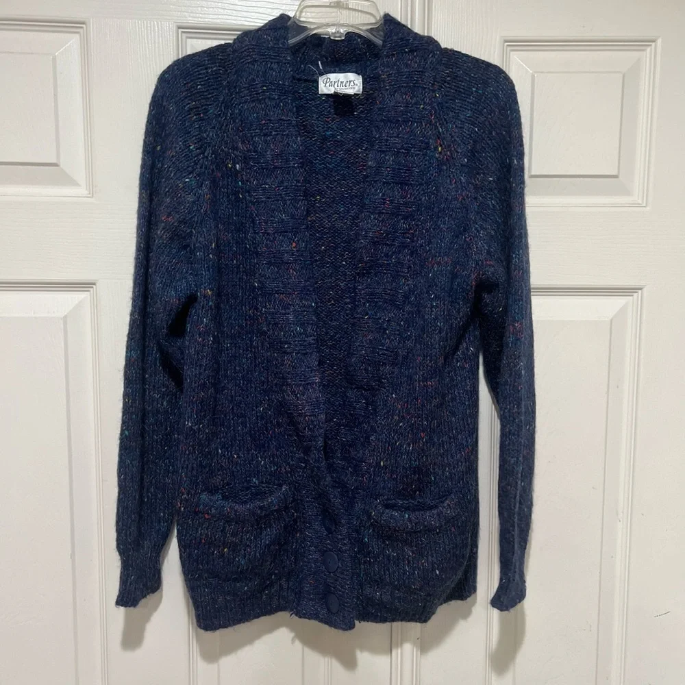 VNTG  Women's Small Blue Multi Color Knit Cardigan Sweater Scandi Grama‎ Preppy